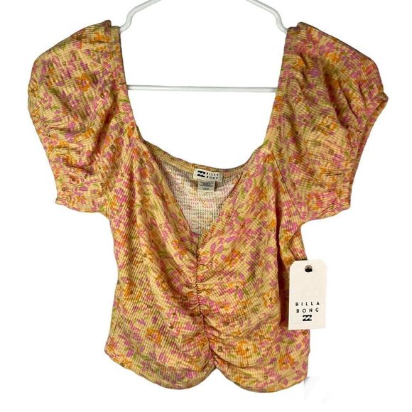 New! Billa Bong Peasant Croped Rushed Floral Print Orange Women’s Top Sz L - Picture 11 of 11